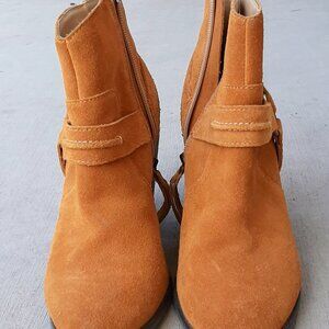 Women's Orange Ankle Leather Boots with Gold Buckle Size 8